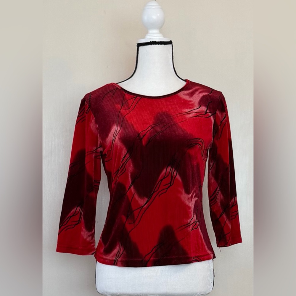 VTG 90s DB Sport Red Abstract Wavy Print Slinky Ribbed Top - M